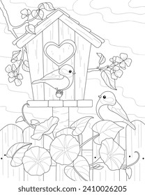 Birdhouse and two birds in a blooming garden. Coloring book for adults and children.