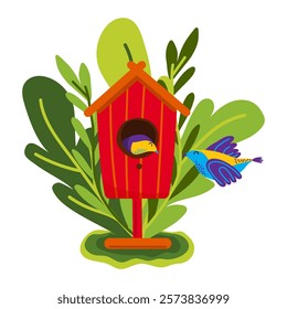 Birdhouse with two colorful birds surrounded by lush greenery. Spring scene for use in children's books, nature-themed projects, or educational materials about birds