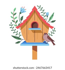 Birdhouse with two stories and small terrace 2D cartoon object. Sparrow sitting on feeder flat line vector image on white background