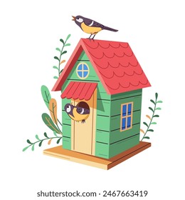 Birdhouse with two stories and small terrace 2D cartoon object. Sparrow sitting on feeder flat line vector image on white background