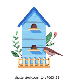 Birdhouse with two stories and small terrace 2D cartoon object. Sparrow sitting on feeder flat line vector image on white background