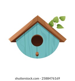 Birdhouse vector illustration isolated on a white background. Blue round hanging wooden bird house, feeder, and nest for spring, summer, or winter birds. Springtime illustration for banner, card, web.