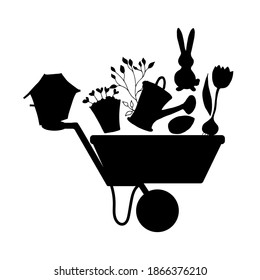 Birdhouse, watering can, flower pot, garden wheelbarrow, flowers. Vector illustration. Black silhouette.