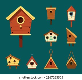 birdhouse. wooden outdoor birdhouse for flying chirps sparrows birds and vector cartoon set isolated