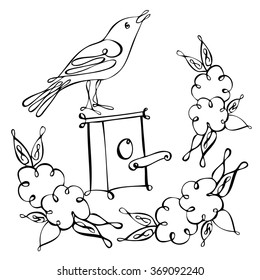 Birdhouses and birds on the branches. Vector background.