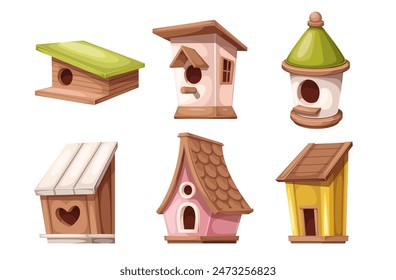 Birdhouses cartoon set, houses for spring and summer birds nest. Funny pink and yellow, white and brown wooden houses with roof and hole, cartoon homemade cute garden boxes vector illustration