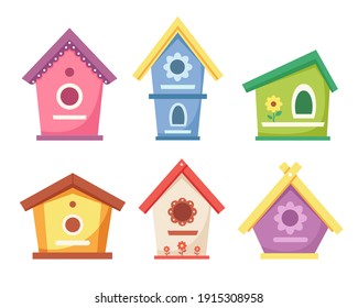 Birdhouses collection. Garden bird houses for feeding birds. Vector illustration