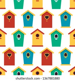 birdhouses, cute seamless pattern. texture, garden background. vector illustration.