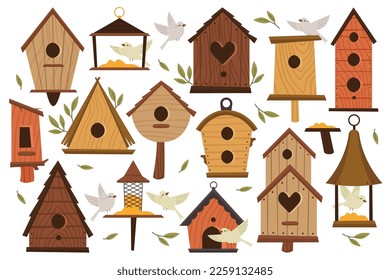 Birdhouses flat icons set. Small wooden house for birds. Vintage feeder for doves. Winter shelter. Different designs. Color isolated illustrations