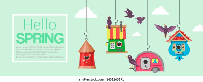 Birdhouses with flying birds banner vector illustration. Hello spring. Nesting boxes to hang on tree. Wooden colorful construction to feed birds, small buildings of planks with hole.