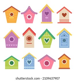 Birdhouses icons set. Flat style. Vector illustration.