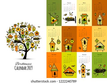 Birdhouses on tree, calendar 2019 design