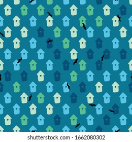 birdhouses seamless vector pattern on teal