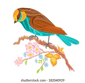 Birdie on a twig rosehip bushes vector illustration 