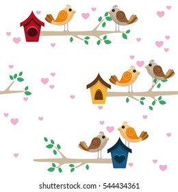 Birdies dating on a branch with a little house