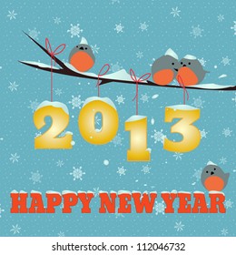Birdies Happy new year 2013/Little  birdies on branch and snowy 2013 happy new year text