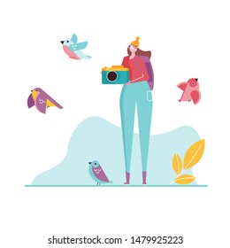 Birding, bird watching, eco tourism concept. Woman with camera take photo birds on white background. Vector illustration in flat cartoon design