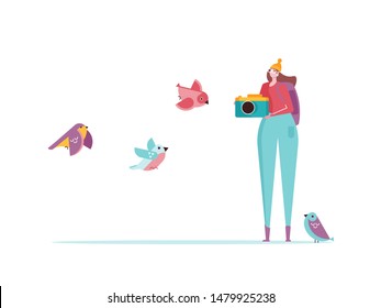 Birding, bird watching, eco tourism concept. Woman with camera take photo birds on white background. Vector illustration in flat cartoon design