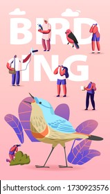 Birding Concept. Group of Friends Characters Camping and Hiking Using Binoculars Watching Bird. Observation of Birds in Natural Habitats Hobby Poster Banner. Flyer Cartoon People Vector Illustration