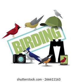 Birding icon with binoculars camera and smartphone. EPS 10 vector Royalty free stock illustration for ad, promotion, poster, flier, blog, article, social media, marketing