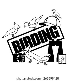 Birding icon with binoculars camera and smartphone. EPS 10 vector Royalty free stock illustration for ad, promotion, poster, flier, blog, article, social media, marketing
