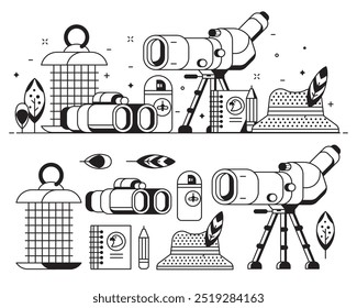 Ícone de passarinho definido com equipamento e elementos de observador de pássaros. Âmbito de viagem, binóculos, chapéu e penas de aves. Ícones de estilo de vida de ornitologia e observação de pássaros e banner conceito ou fundo na arte da linha.