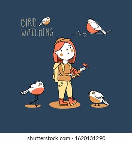 Birding and ornithology concept. Woman birdwatching. Young girl bird watching with binoculars and feeds a bird. Cute cartoon birds vector illustration in doodle style