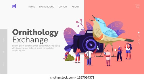 Birding, Ornithology Landing Page Template. Ornithologists Characters Using Binoculars, Camera and Equipment Watching Birds. Observation in Natural Habitats Hobby. Cartoon People Vector Illustration