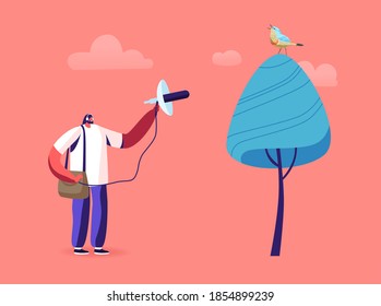 Oiseaux, Concept D'Ornithologie Professionnelle. L'ornithologue homme utilise un équipement spécial pour regarder et écouter les oiseaux chanter. Observation dans les habitats naturels. Illustration Vectorielle de dessin animé
