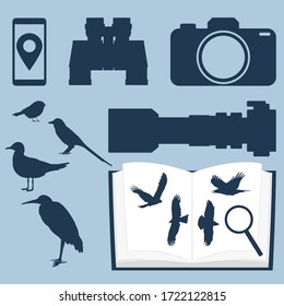 Juego de aves: pájaro, cámara, binoculares, objetivo telefoto, guía, manual, guía, magnificador, teléfono aislado. Ilustración de material vectorial.