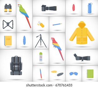 Birding travel flat vector icons set, big set of flat design birdwatching, hobby and adventure objects with round shadows isolated on the white background, vector illustration