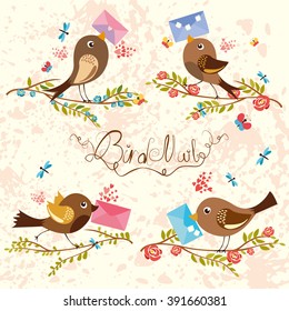Bird-mail. cute spring bird on flowering branches. vector illustration