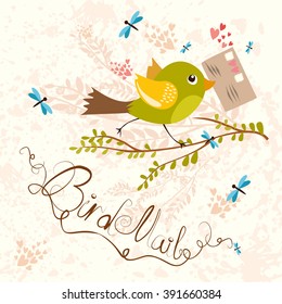 Bird-mail. postcrossing cheerful. cute bird with letter. Spring mood.