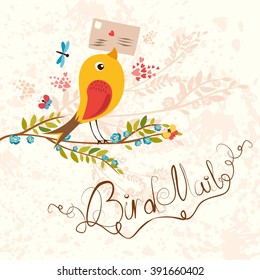 Bird-mail. postcrossing cheerful. cute bird with letter. Spring mood.