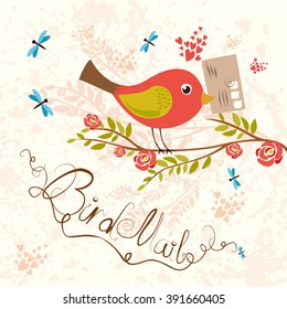 Bird-mail. postcrossing cheerful. cute bird with letter. Spring mood.