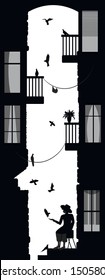 birdman, boy in the city with many pigeon, old city yard scene,  black and white memories, vector