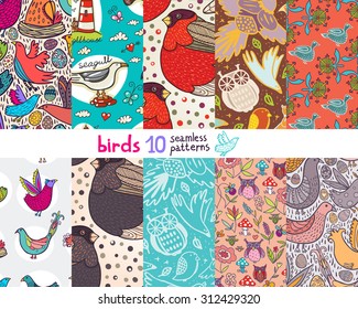Birds 10 seamless pattern set.