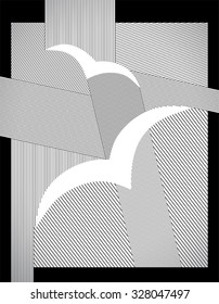 birds abstract drawing with straight lines and frame, vector art