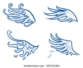 Birds or angel wings, feathers, fire wings. Hand drawn doodle vector illustration.