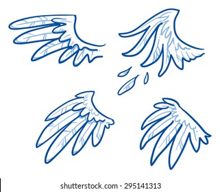 Birds or angel wings, feathers. Hand drawn doodle vector illustration.