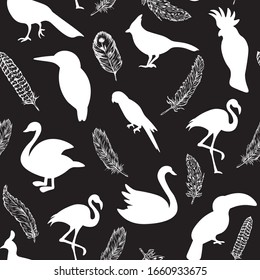 Birds, animal chalk vector seamless pattern on black background Concept for wallpaper, wrapping paper, cards 