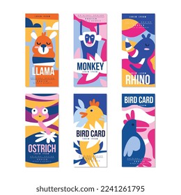 Birds and Animal Poster and Cards with Llama, Monkey, Rhino and Ostrish Vector Set