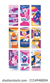 Birds and animals poster set, design element with snake, koala, rhino, llama, ostrich, lion, elephant, monkey, bird can be used for banner, greeting card, baby shower, invitation vector Illustration