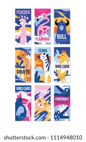 Birds and animals poster set, design element with peacock, flamingo, bull, giraffe, zebra, leopard, crocodile can be used for banner, greeting card, birthday party, invitation vector Illustration