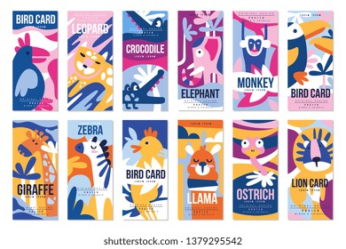 Birds and animals poster set, design element with peacock, flamingo, bull, giraffe, zebra, leopard, crocodile can be used for banner, greeting card, birthday party, invitation vector Illustration