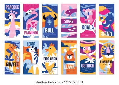 Birds and animals poster set, design element with peacock, flamingo, bull, giraffe, zebra, leopard, crocodile can be used for banner, greeting card, birthday party, invitation vector Illustration