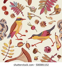 Birds in autumn forest seamless pattern cute wild forest autumn leaves mushroom acorns fabric birds design pattern textile hand drawn vector 