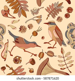 Birds in autumn forest seamless pattern cute wild forest autumn leaves mushroom acorns fabric birds design textile, fall background 