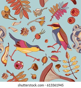 Birds in autumn forest seamless pattern cute wild forest autumn leaves mushroom acorns fabric birds pattern design textile birds hand drawn fall background 