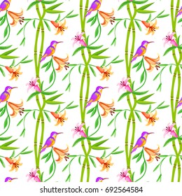 Birds, bamboo and flowers seamless floral pattern.